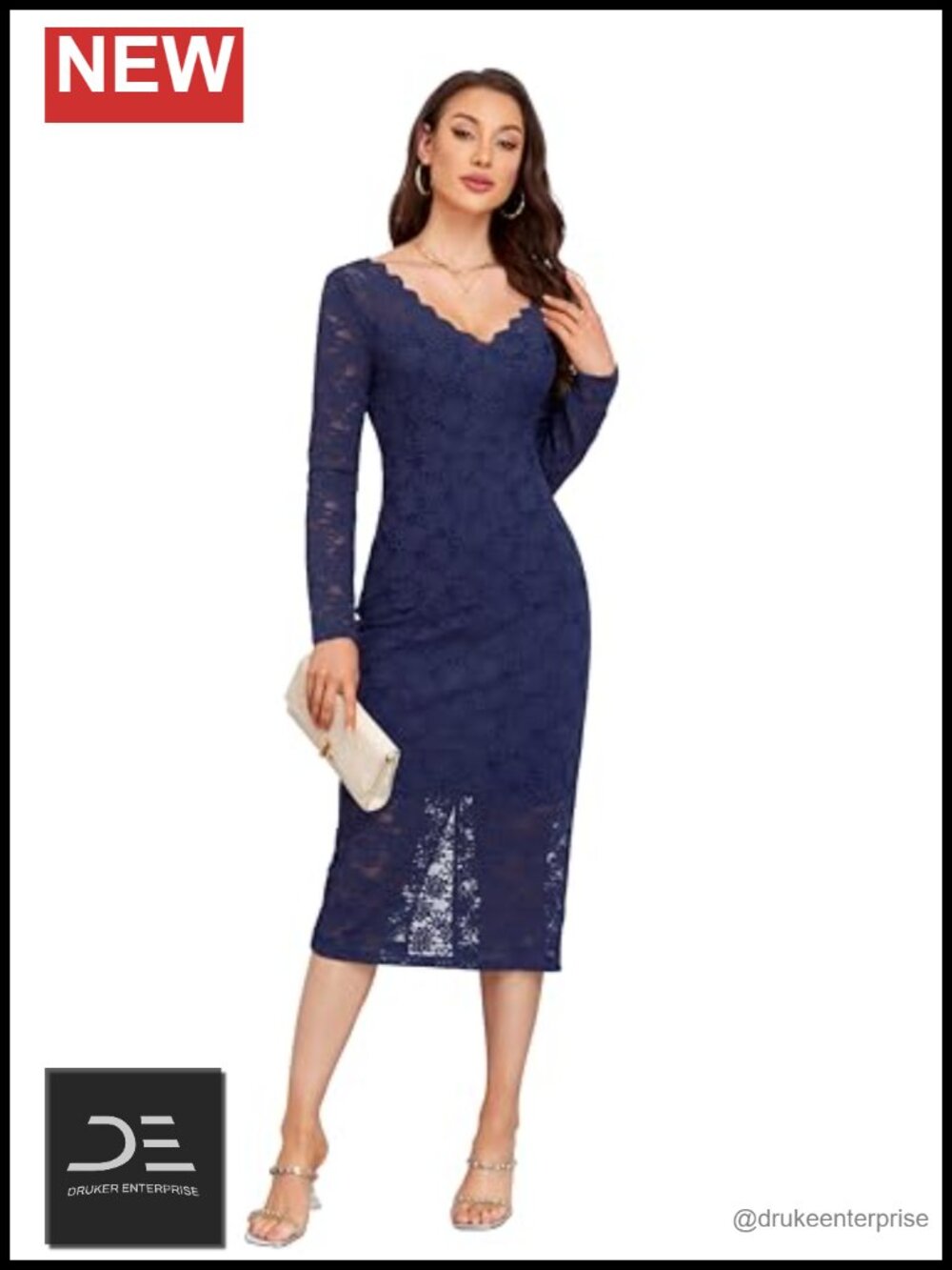 Women's Floral Lace V Neck Long Sleeve Bodycon Midi Dress Back Slit Formal